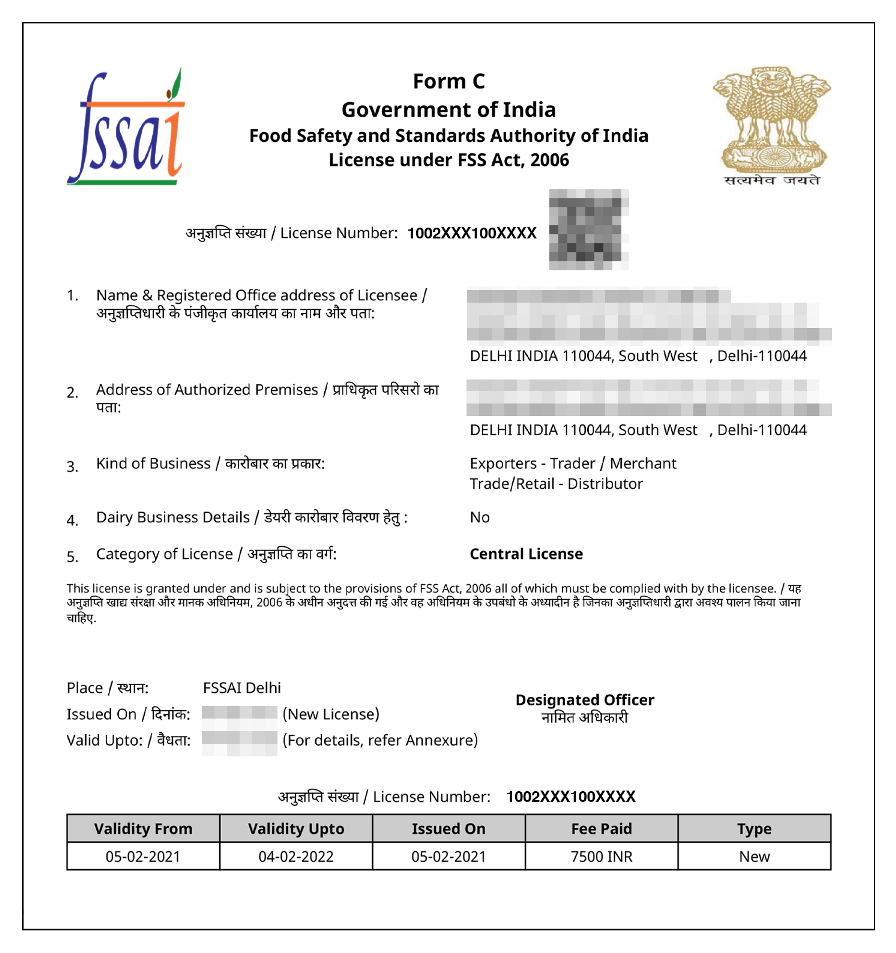 FSSAI Central License Sample